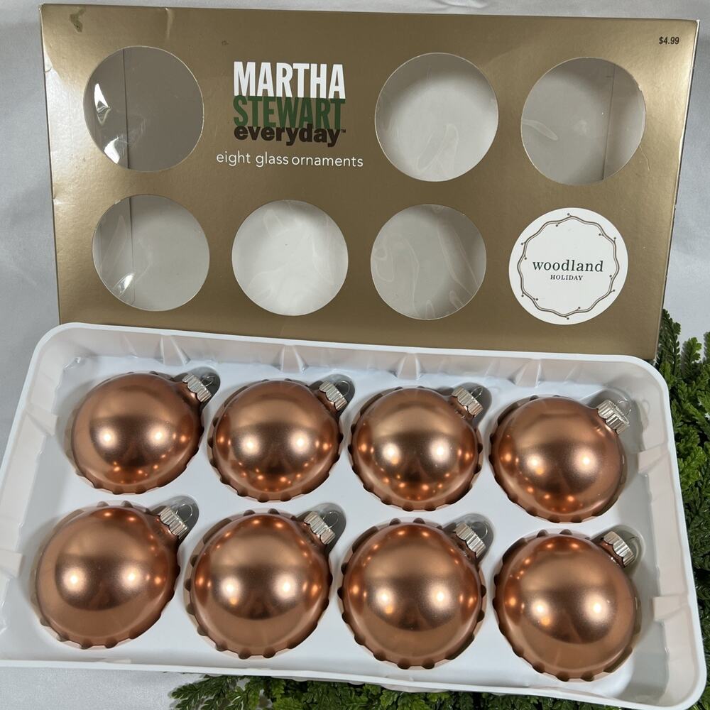 Vintage 2002 Martha Stewart Set of 8 Glass Ball Ornaments Copper Rose Gold 2.63”
